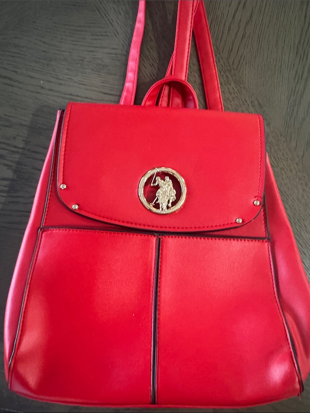 Red Women's Backpack Purse with Gold PoloEmblem